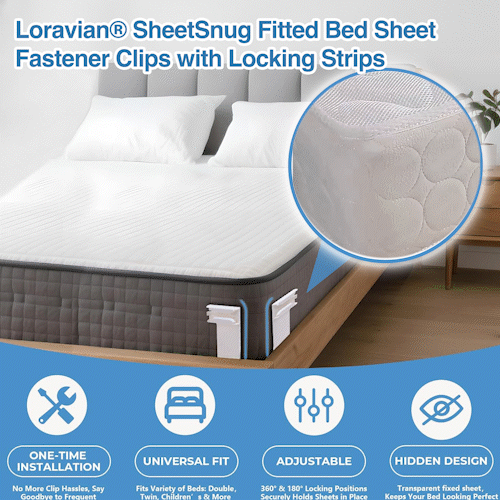Loravian® SheetSnug Fitted Bed Sheet Fastener Clips with Locking Strips