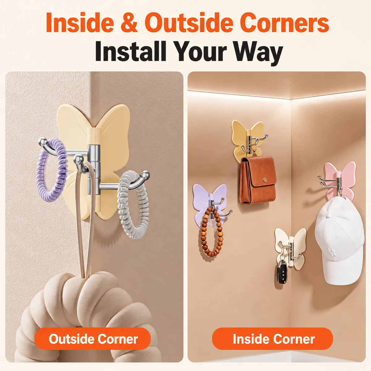🦋 Mvpw® Rotating Butterfly Triple Hook—Adjustable for Flat Walls & Corners